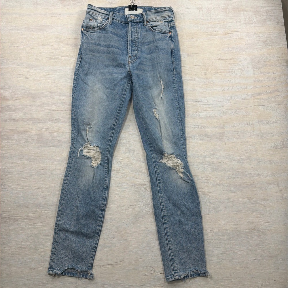 Mother Superior Jeans The Super Stunner Ankle Distressed Light Wash Denim Womens